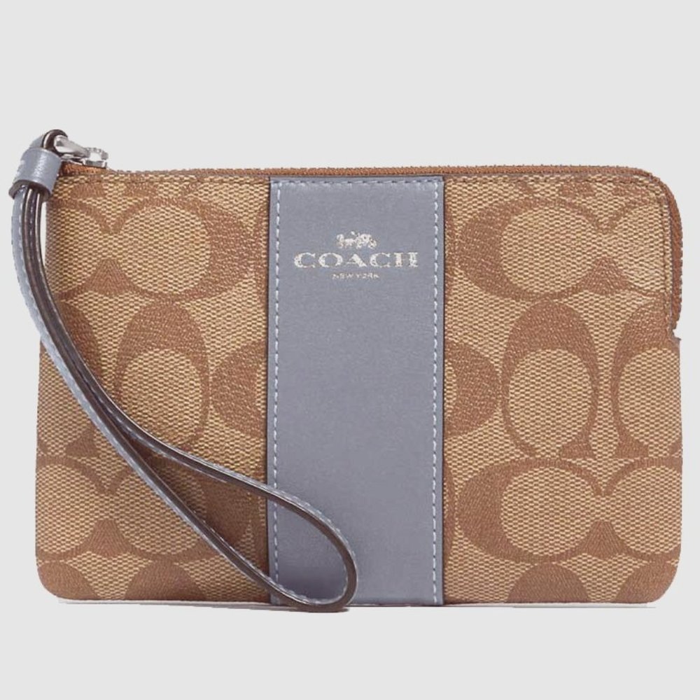 Corner Zip Wristlet In Signature Canvas Khaki / Marble Blue